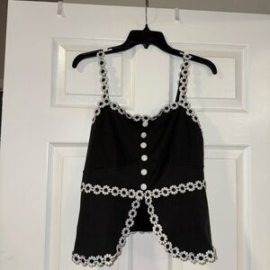 SHEIN Curve Black Tank Top with White Floral Accents and Slit - Size 0XL